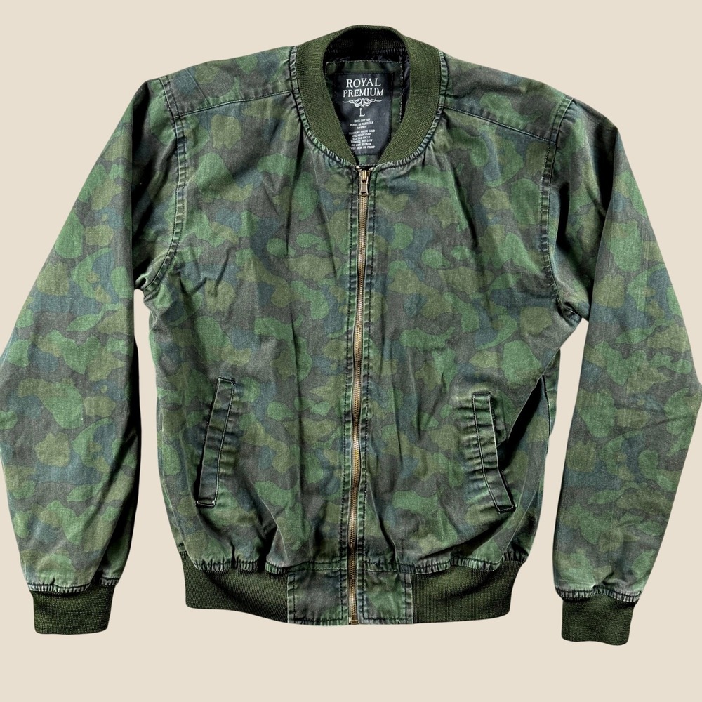 Royal Premium Bomber Jacket Men L Green Camo Full Zip Canvas Utility Streetwear